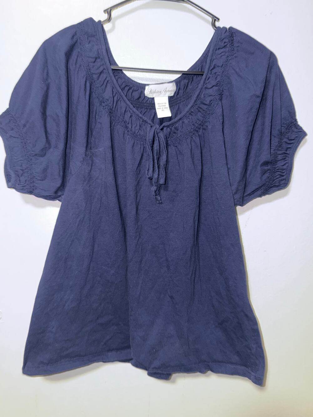 Fashion Avenue Navy Short Sleeve Blouse Tie Neck Smocked Yoke Embroidered Sleeve